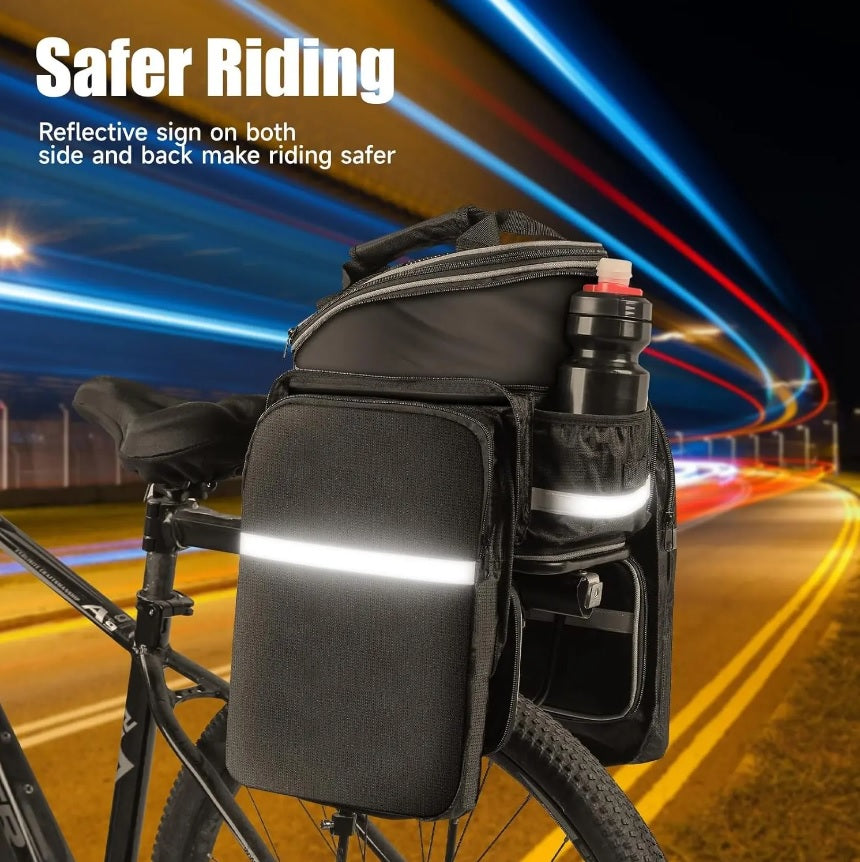 Rack Top Trunk Bag with Hidden Retractable Side Panniers and Safety-reflective Bands