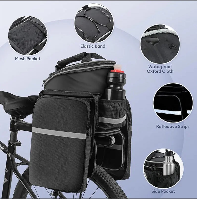 Rack Top Trunk Bag with Hidden Retractable Side Panniers and Safety-reflective Bands