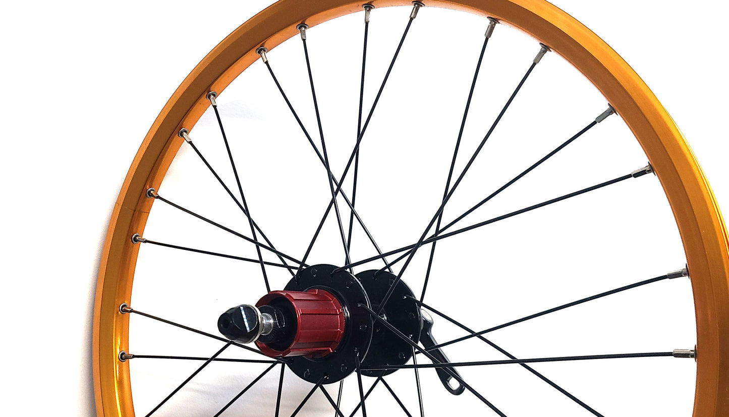 Narra folding bike disc wheelset 20" size 406 70mm front 135 rear gold rims black spokes - Free Shipping