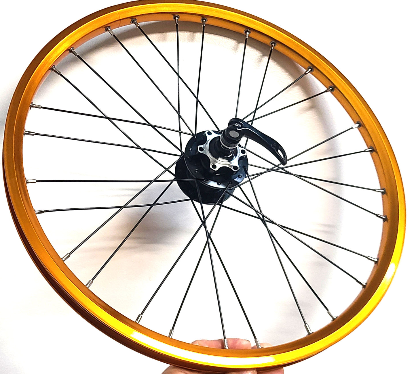 Narra folding bike disc wheelset 20" size 406 70mm front 135 rear gold rims black spokes - Free Shipping