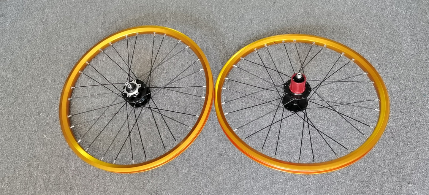 20" x 1.5" Rim Front & Rear Set - Gold-Color Anodized, Disc-Brake & Quick-Release Hubs, Cassette type of Rear Rim