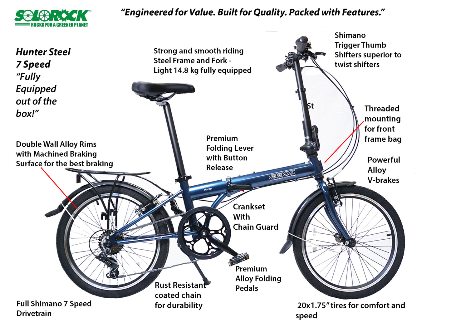 Hunter - SOLOROCK 20" 7 Speed Upgraded Steel Folding Bike
